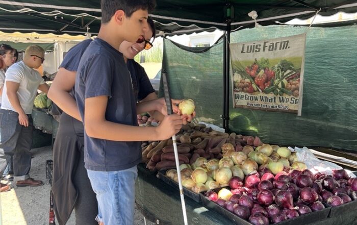 A young man navigates a farmer's market with a white cane, browsing fruits.