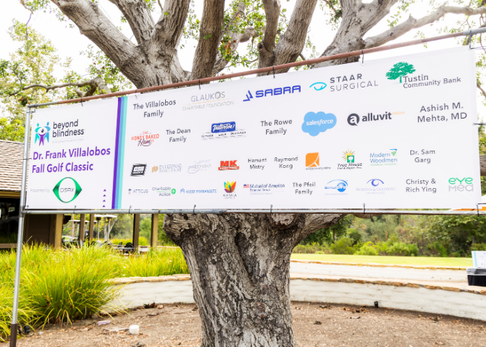 BB Golf-sponsor banner A decorative banner with the Beyond Blindness logo, "Dr. Frank Villalobos Fall Golf Classic" and an assortment of company logos.