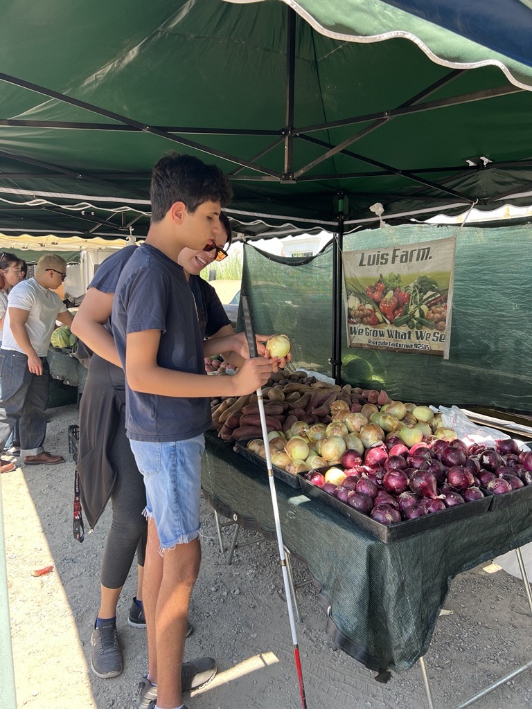 A young man navigates a farmer's market with a white cane, browsing fruits.